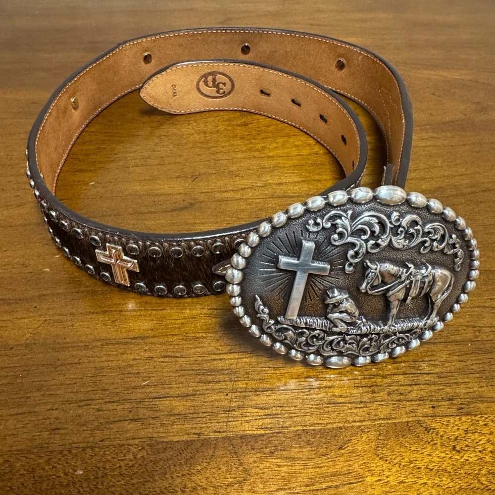 Brown Leather Embellished Belt with Silver Buckle Size 32 Waist